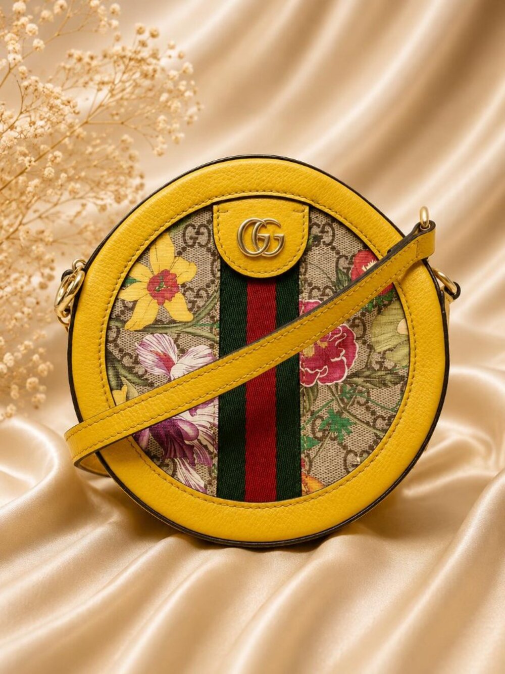 Authentic Gucci Ophidia Flora Round Mini Crossbody Bag Yellow Leather GG Supreme